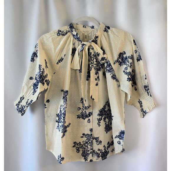 Part Two Almera Cream and Navy Floral Tie-Neck Blouse - 36 - Picture 2 of 7